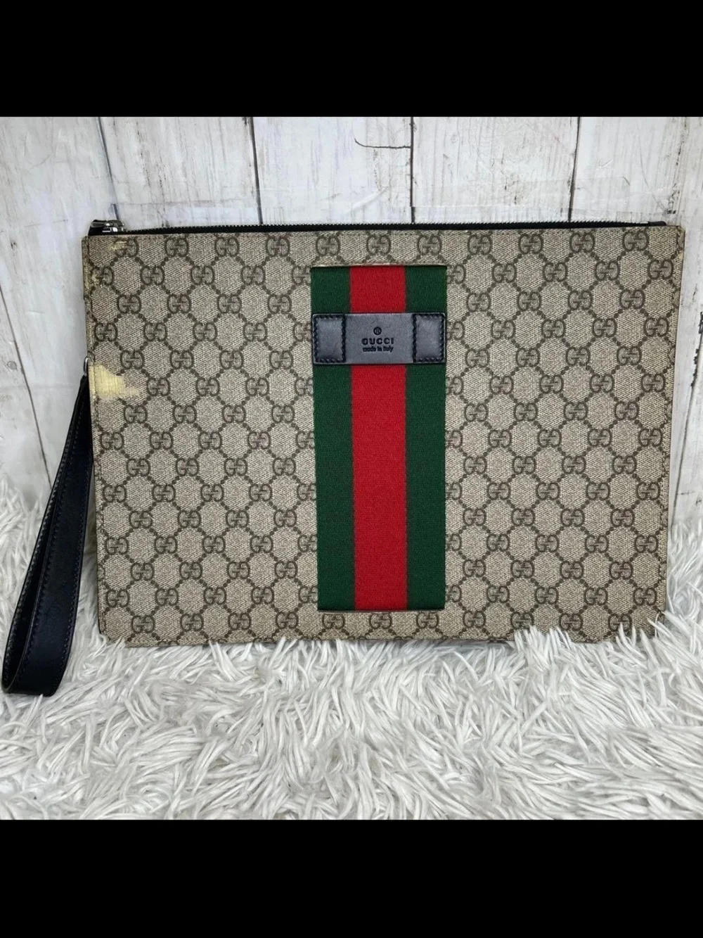 Gucci Beige GG Supreme Canvas Wristlet with Red and Green Web Stripe